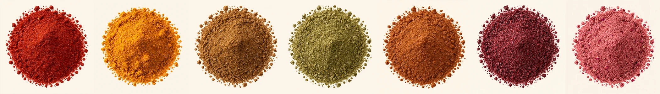 Seven-spice brand palette: chilli red, golden spice, cumin brown, herb green, cinnamon, deep berry and rose petal